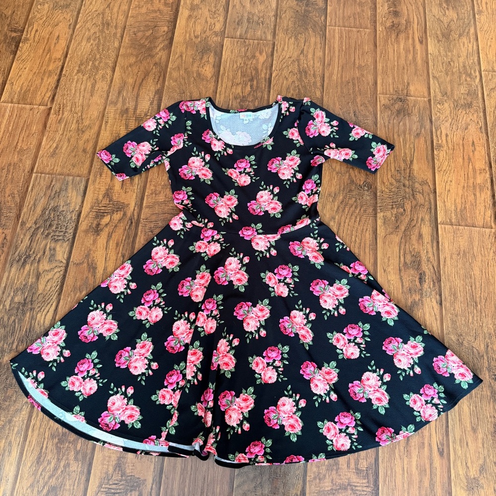 LulaRoe Nicole A-Line Dress Women XL Pink Floral Pockets Stretch unicorn